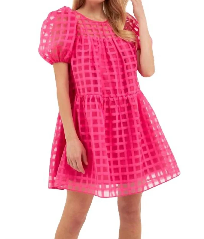 Gridded Puff Sleeve Dress In Hot Pink Office unclassified dresses