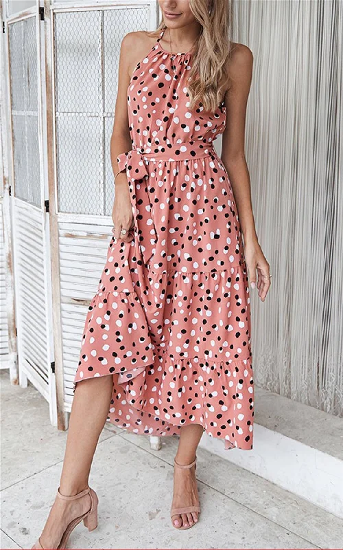 Halterneck Tiered High Low Dress In Pink & Black Polka Dot High-low unclassified dresses