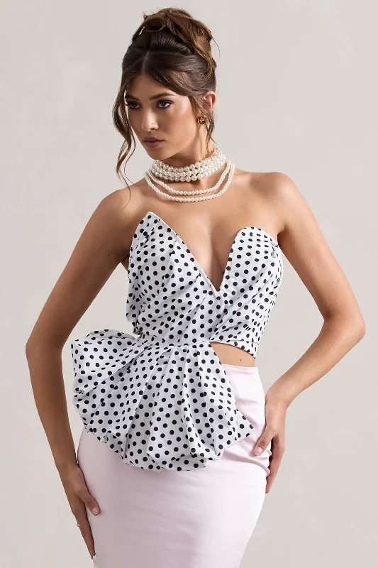 Haute | Cream Polka Dot Asymmetric Plunge-Neck Corset With Ruffle Fall unclassified dresses