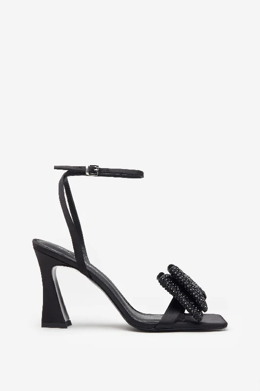 Headlines | Black Ankle Strap Heeled Sandals With Diamante Bows Bright color unclassified dresses