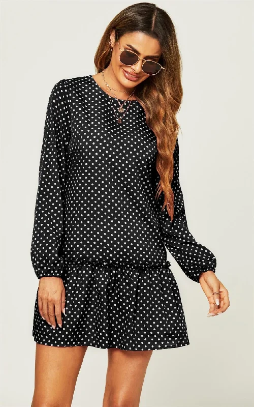 Hem Frill Detail Smock Dress In Black Polka Dot Gothic unclassified dresses