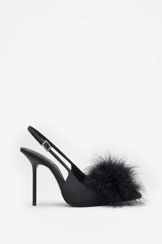 High Pitched | Black Satin Sling Back Heels With Pom Poms Petite unclassified dresses