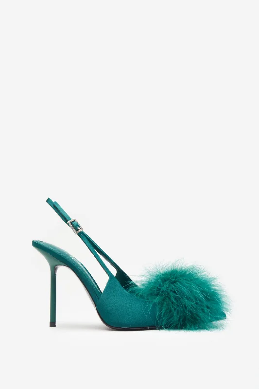 High Pitched | Green Satin Sling Back Heels With Pom Poms Luxury unclassified dresses