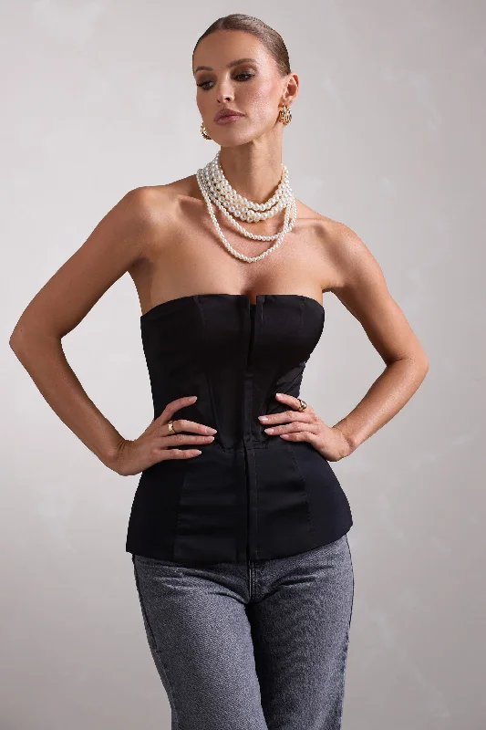 Illusive | Black Satin-Blend Strapless Panelled Corset Top Summer unclassified dresses