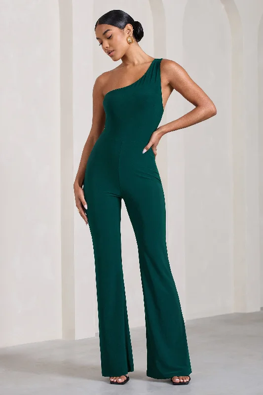 In The Dark | Bottle Green Sleeveless Asymmetric Flared-Leg Jumpsuit Boho unclassified dresses