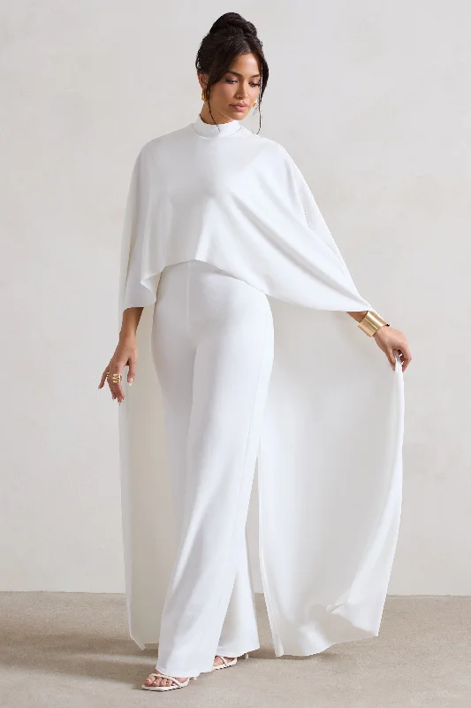 Indra | White High-Neck Wide-Leg Cape Jumpsuit Comfortable unclassified dresses