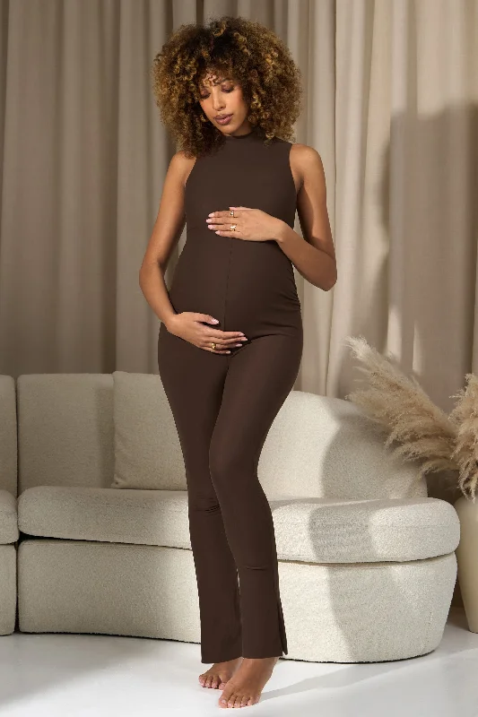 Issy | Chocolate High-Neck Sleeveless Maternity Jumpsuit High-low unclassified dresses