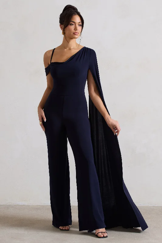 Jelena | Navy Asymmetric Draped Straight-Leg Jumpsuit With Cape Sleeve Halter unclassified dresses