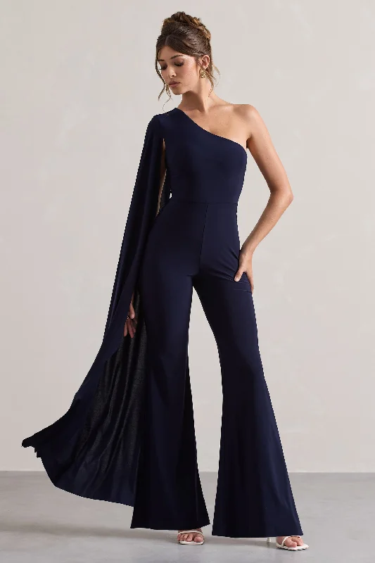 Julie | Navy Asymmetric Flared-Leg Jumpsuit With Cape Sleeve Lightweight unclassified dresses