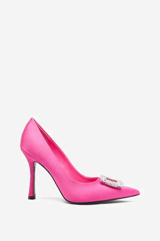 Lawless | Hot Pink Satin Pointed Court Heels With Diamante Brooches Beaded unclassified dresses