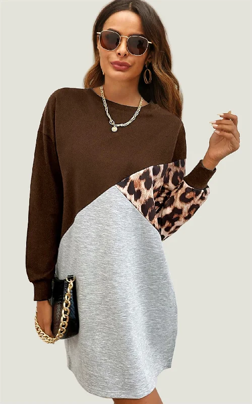 Leopard Print Relaxed Colour Block Top Dress In Brown & Grey High-end unclassified dresses