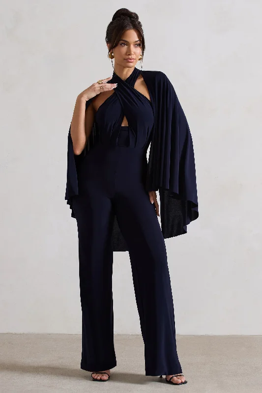 Lourdes | Navy Halter-Neck Straight-Leg Jumpsuit With Cape Sleeveless unclassified dresses