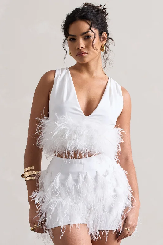 Main Stage | White Plunge-Neck Crop Top With Feather Trim Date night unclassified dresses