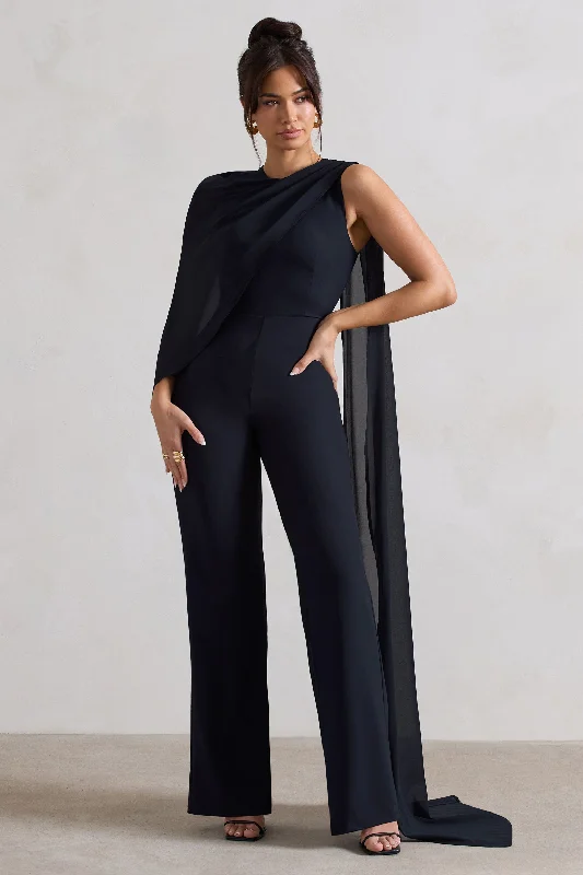 Malina | Navy Straight-Leg Jumpsuit With Chiffon Cape Breathable unclassified dresses