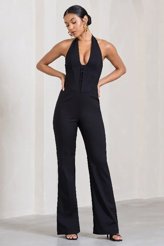 Margherita | Black Halter-Neck Corset Wide-Leg Jumpsuit Metallic unclassified dresses