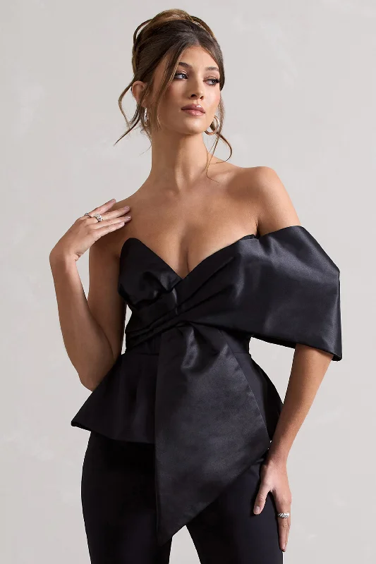 Mayfair | Black Asymmetric Bardot Top With Peplum Hem Party unclassified dresses