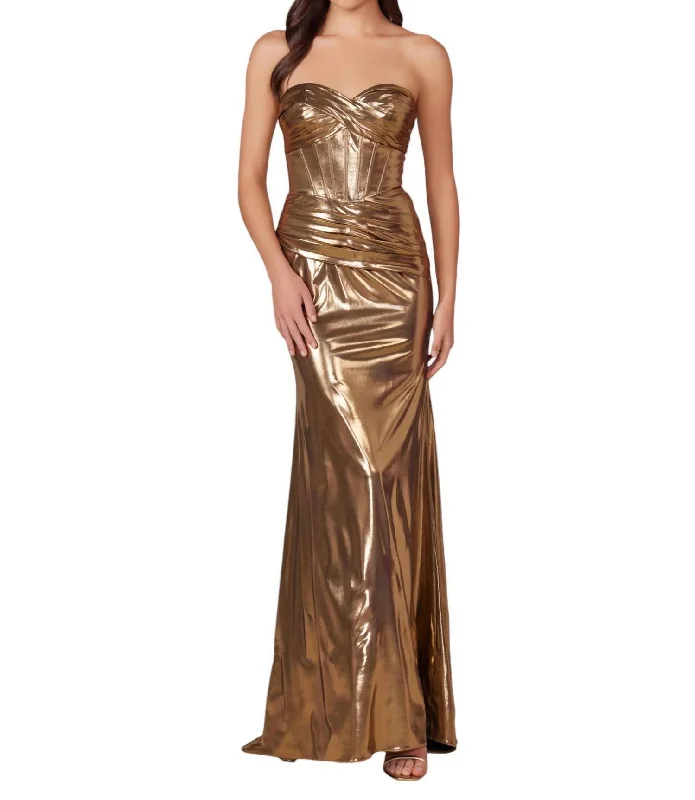 Metallic Fitted Strapless Gown In Gold Backless unclassified dresses