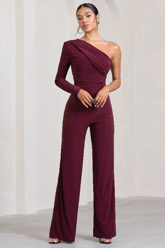 Mila | Burgundy One Shoulder Ruched Wide Leg Jumpsuit Flowy unclassified dresses