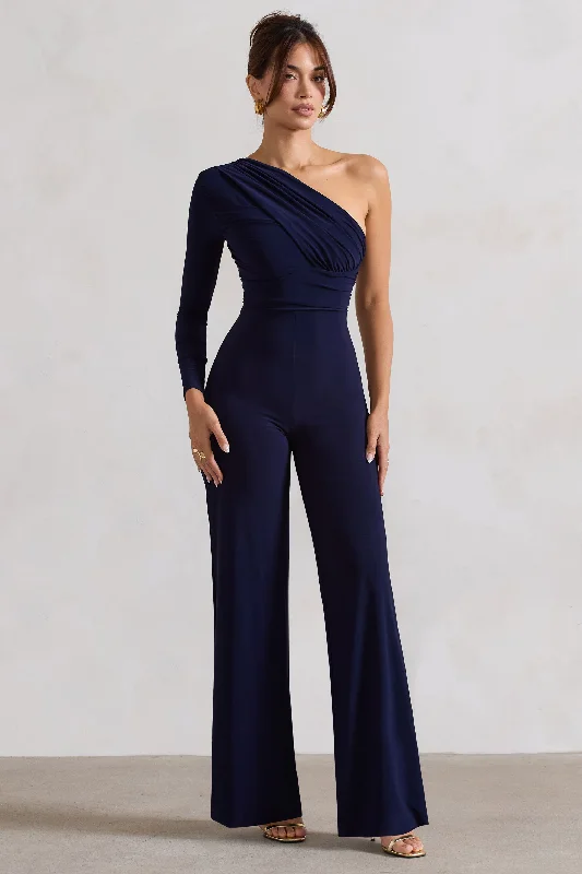 Mila | Navy One Shoulder Ruched Wide Leg Jumpsuit Sleeveless unclassified dresses