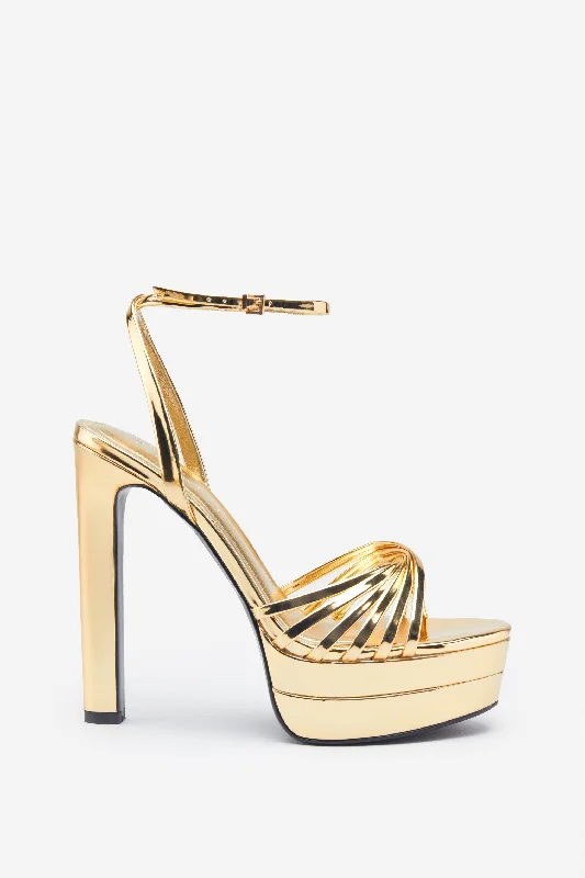 Mirror Mirror | Gold Mirror Strappy Heeled Platform Sandals Striped unclassified dresses