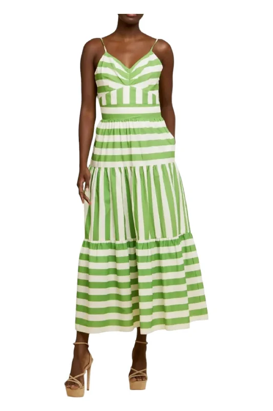 Mixed Stripe Tea Dress In Green Cotton unclassified dresses