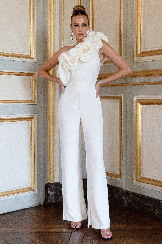 Monica | White Asymmetric Ruffled Wide-Leg Jumpsuit Date night unclassified dresses