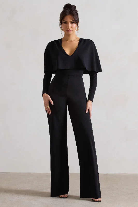 My Charm | Black Draped Plunge-Neck Straight-Leg Jumpsuit Open-back unclassified dresses