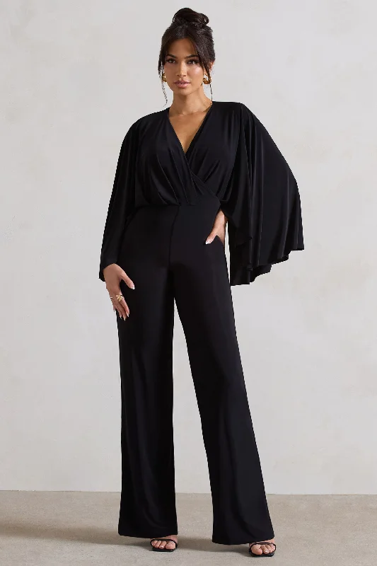 Nori | Black Plunge-Neck Straight-Leg Cape Jumpsuit Preppy unclassified dresses