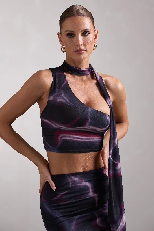 North Wind | Black Printed One-Shoulder Crop Top With Scarf Casual unclassified dresses