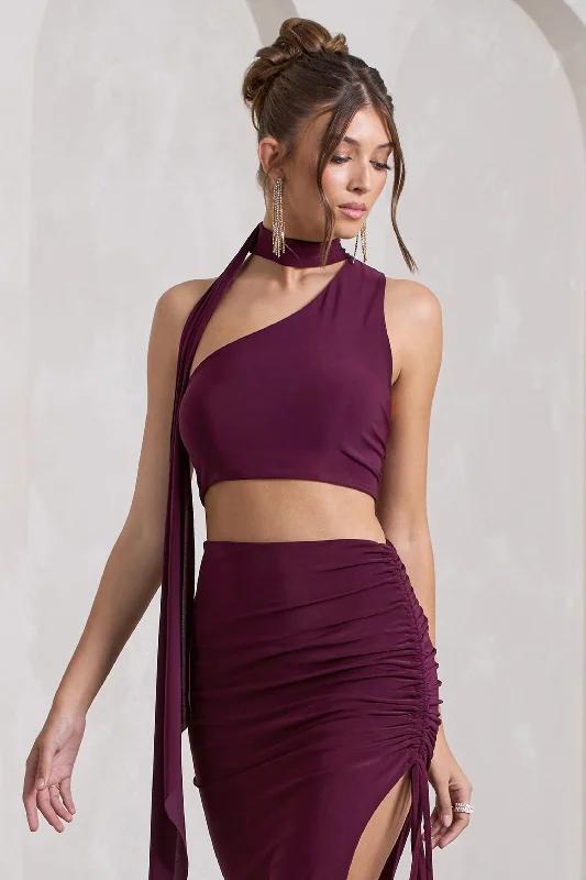 North Wind | Plum One-Shoulder Crop Top With Scarf Cocktail unclassified dresses