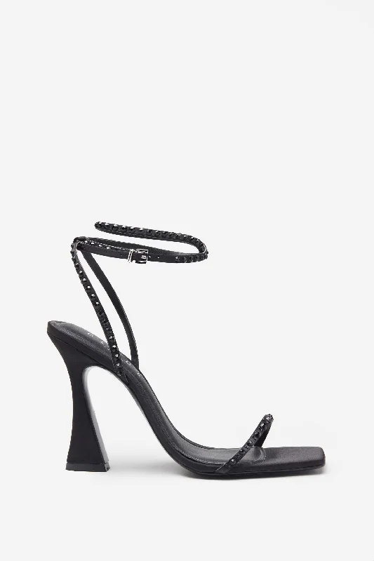 Nostalgia | Black Satin Heeled Sandals With Diamante Straps Casual chic unclassified dresses