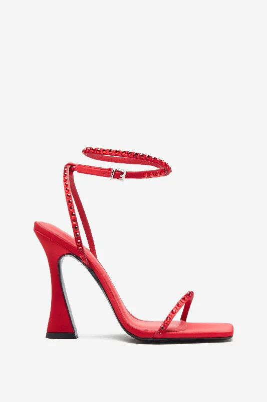 Nostalgia | Bright Red Satin Heeled Sandals With Diamante Straps Boho unclassified dresses