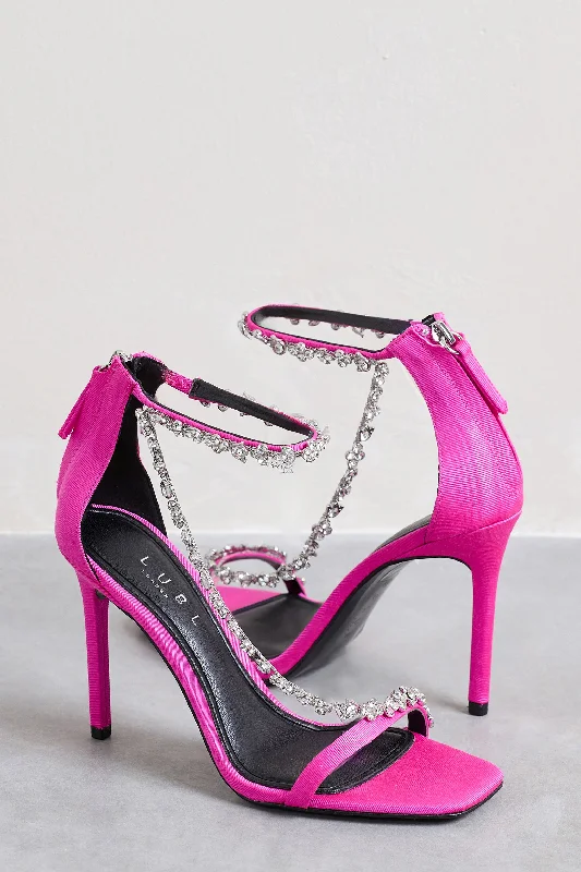 Oh Please | Pink Strappy Heeled Sandals With Diamante Chains Earthy tone unclassified dresses