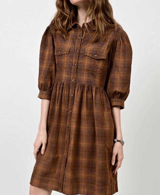 Ombre Plaid Snap Dress In Brown Neutral tone unclassified dresses