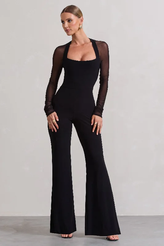 On Track | Black Flared-Leg Jumpsuit With Sheer Sleeves High-end unclassified dresses