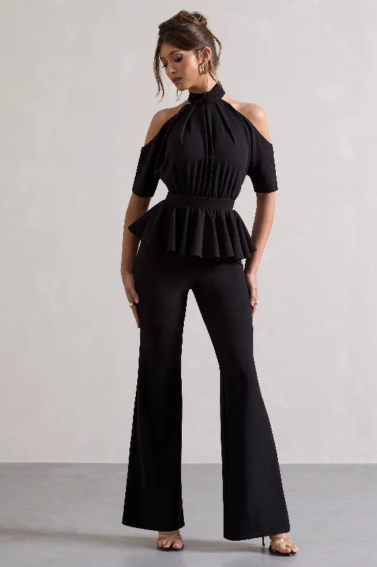 Osbourne | Black High-Neck Cut-Out Jumpsuit With Peplum Waist Polka dot unclassified dresses