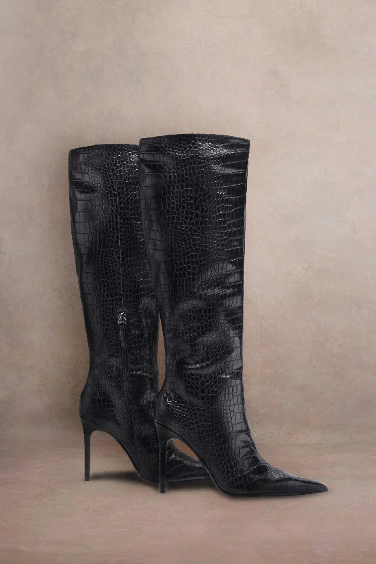 Uptown | Black Croc Fitted Over-Knee Pointed Heeled Boots Monochrome unclassified dresses