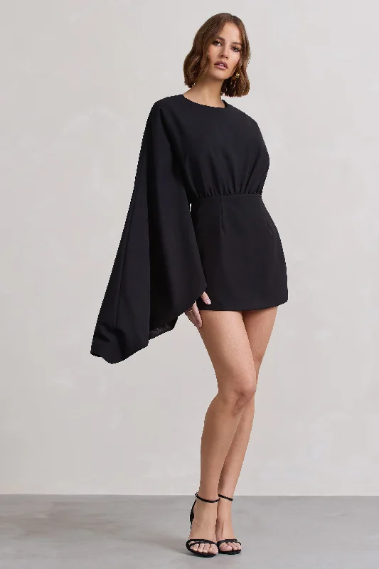 Presley | Black Backless Skort Playsuit With Cape Designer unclassified dresses