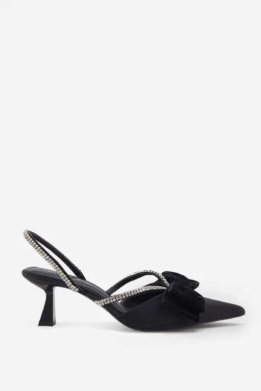 Pretty & Poised | Black Diamante Strap Sling Back Kitten Heels With Bows Off-shoulder unclassified dresses