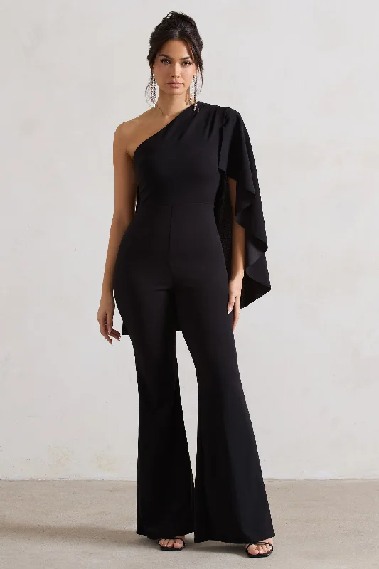 Pristine | Black One Shoulder Cape Sleeve Flared-Leg Jumpsuit Velvet unclassified dresses