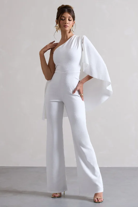 Pristine | White One Shoulder Cape Sleeve Flared-Leg Jumpsuit Cotton unclassified dresses