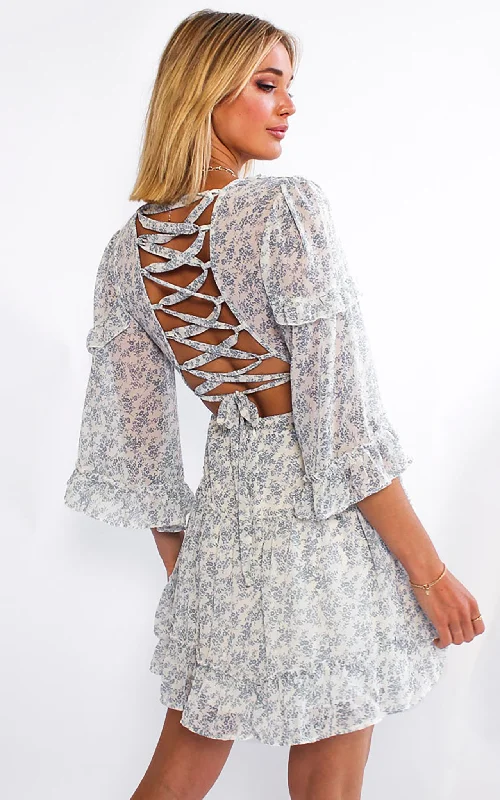 Rebel Cause Dress - White Blue Print Earthy tone unclassified dresses