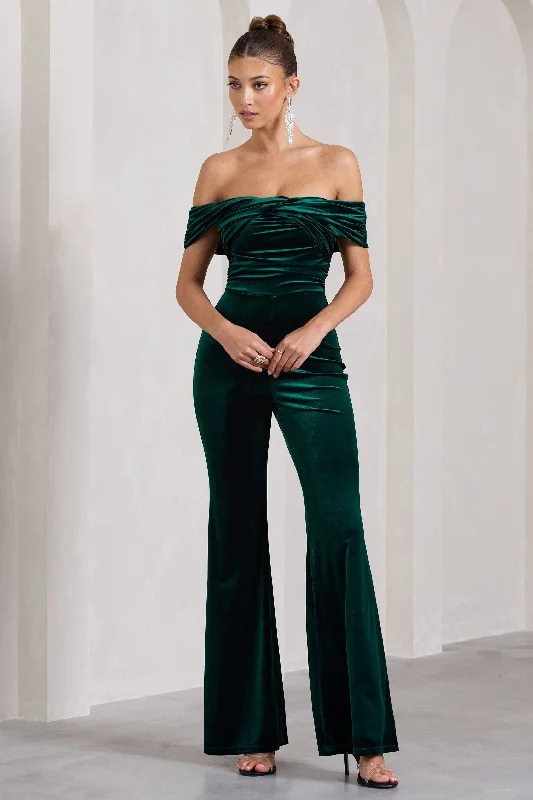 Recognition | Bottle Green Velvet Twisted Bardot Wide-Leg Jumpsuit Chic unclassified dresses