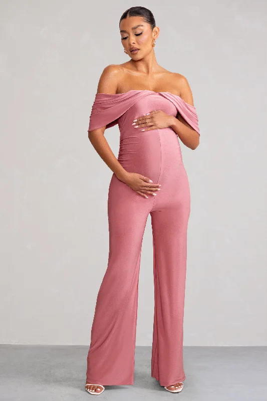 Renata | Blush Pink Draped Sleeve Bardot Maternity Jumpsuit Sequin unclassified dresses