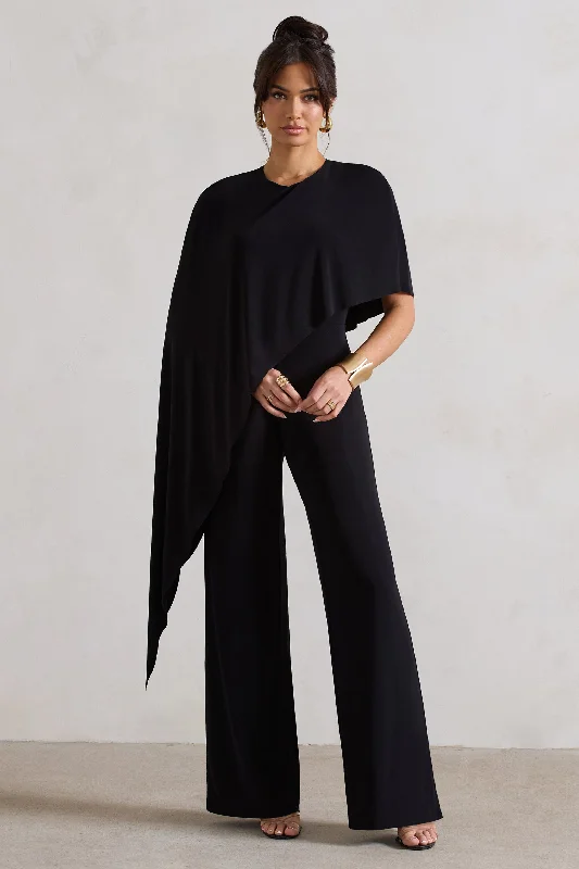 Reserve | Black Wide-Leg Jumpsuit With Asymmetric Cape Chiffon unclassified dresses