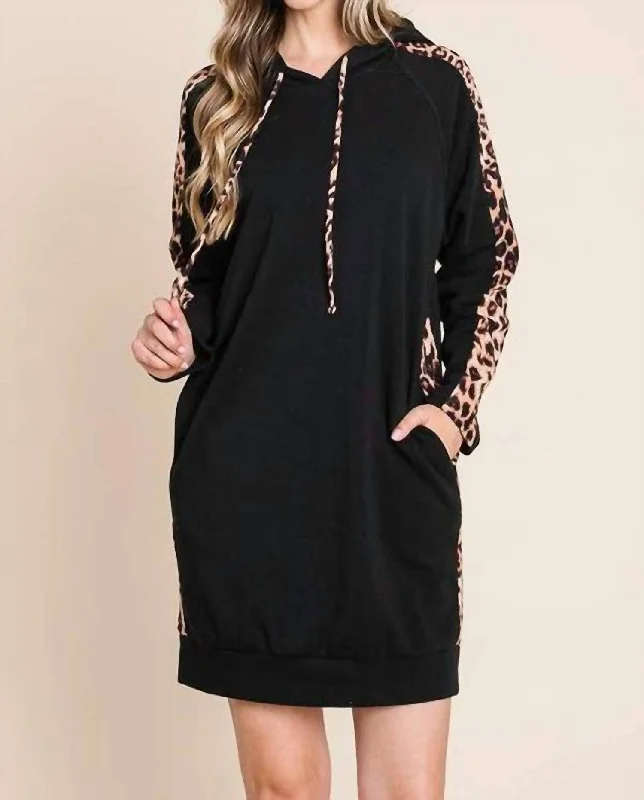 Roberta Leopard Trim Hoodie Dress In Black Street style unclassified dresses