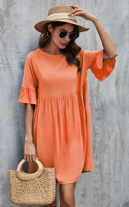 Ruffled Sleeve Oversized Smock Dress In Orange High-low unclassified dresses