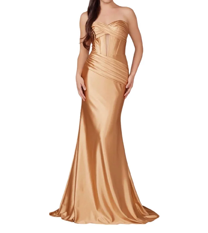 Satin Fitted Strapless Corset Gown In Gold Holiday unclassified dresses