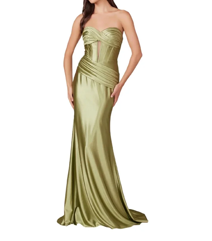 Satin Fitted Strapless Corset Gown In Sage/green Travel unclassified dresses