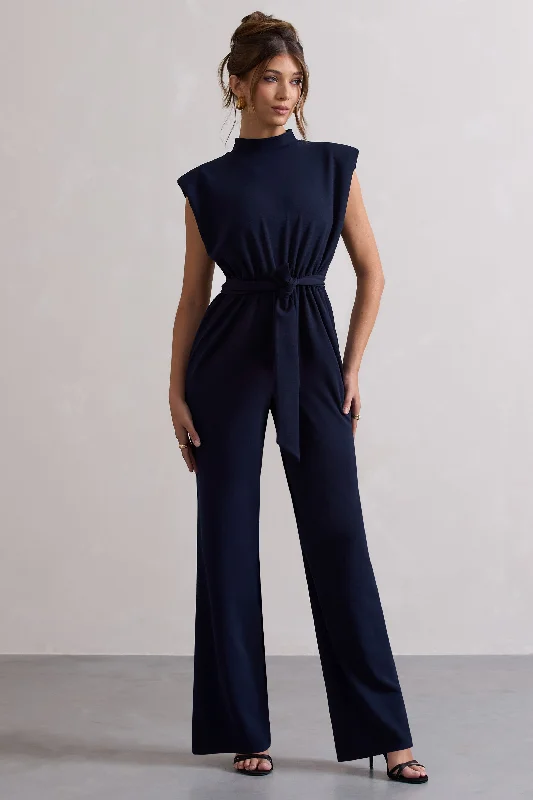 Kalona | Navy High-Neck Wide-Leg Jumpsuit With Tie Waist Bright color unclassified dresses